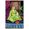 dressed in a beautiful green sari a princess plays with her pet parrot