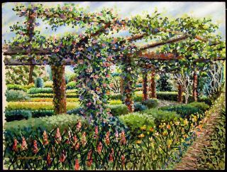  Original Gouache Painting on Paper of Garden Arbor Floral