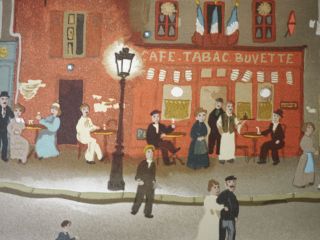 Vintage Original Michel Delacroix French Street Cafe Scene Lithograph