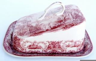 red porcelain transferware toile butter cheese dish please look at the