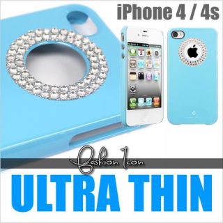 White Diamante Diamond Bling Crystal Blue Hard Case Cover For iPhone 4