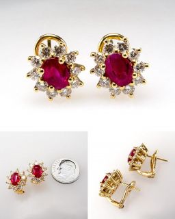 Natural 1 8 Carat Ruby Diamond Halo Stud Clamp Earrings Solid 18K Gold