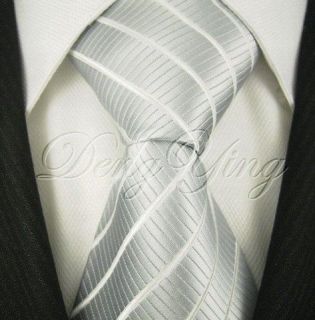 DENG YING New Striped Silver White Jacquard Woven Mens 100% Silk Ties