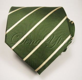 DENG YING New Striped Green Beige Jacquard Woven Mens 100% Silk Ties