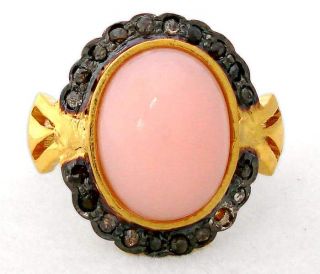  FASCINATING PINK OPAL DIAMOND GOLD 925 STERLING SILVER RING Sz 7 A1717