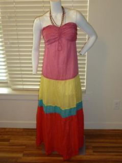 DKNY DKNYC Strapless Tiered Colorblock Maxi Dress Pink Yellow Blue