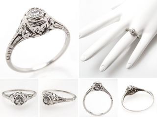 Vintage Belais Diamond Engagement Ring Filigree 18K White Gold 1940s