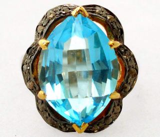  DELIGHTFUL BLUE TOPAZ NATURAL DIAMOND GOLD 925 SILVER RING Sz 8 A1490