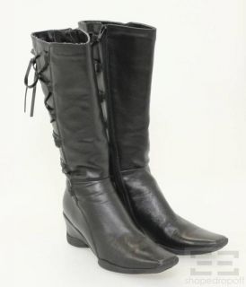 Diba Black Leather Lace Up Wedge Boots Size 39