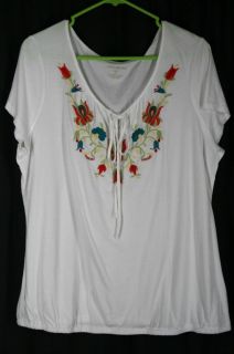 Eddie Bauer Womens XL Peasant Top White Embroidered Flowers Cotton
