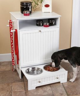 Wood Dog Cat Food Storage Cabinet Feeding Station Pull Out Raised Food
