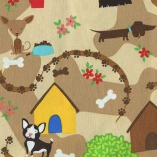 Dogs Doghouses Paws Bones Tan Brown Cotton Fabric BTY for Quilting