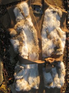 New $210 Dolce Cabo Cable Knit 100 Real Rabbit Fur Vest Sweater Jacket