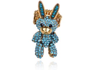  Marine Blue Crystal Rhinestone Velveteen Bunny Rabbit Doll Ring