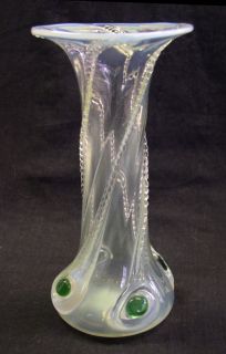 Superb 19thC Art Nouveau Glass Vase Green Peacock Eyes Applied Trails