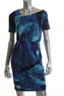Donna Morgan Blue Printed Asymmetrical Neck Short Sleeves Casual Dress