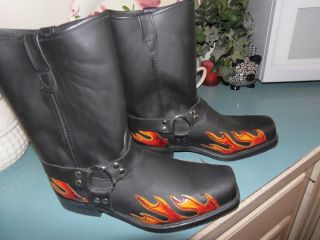 Double H Black Leather Harness Boots Size 14 EE FLAME Design Limited