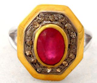  MAGNIFICENT RUBY REAL DIAMOND GOLD 925 STERLING SILVER RING Sz 8 A1491