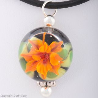 Duff Handmade Lampwork Pendant Focal Art Glass Bead Orange Flower SRA