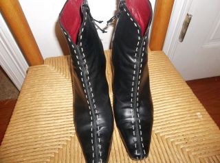 WOMENS DONALD PLINER BLACK LEATHER ANKLE BOOTS WHITE STITCHING SIZE 8