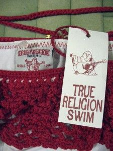 True Religion Bikini White with Red Crochet Knit Trim Skirted Bikini