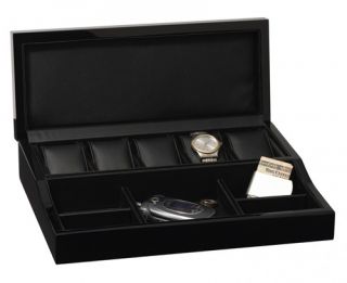 Mens Modern Black Wood Dresser Valet Box Holds 5 Watches Jewelry and
