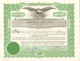 Aronimink Swim Club Drexel Hill Pennsylvania ASC Stock Certificate