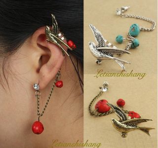  Antique Silver Gold Swallow Chain Clip Ear Cuff Earrings