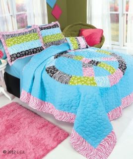 Girls Queen or Twin Size Peace Sign Zebra Print Quilt and Shams