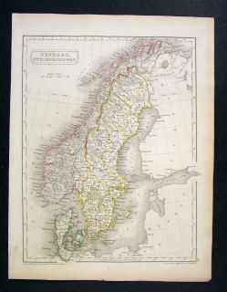 1844 Hall Map Scandinavia Sweden Norway Denmark Europe