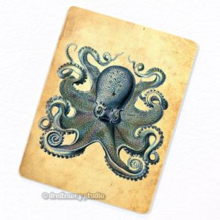 Blue Octopus #5 Deco Magnet; Vintage Illustration Coiled Tentacles