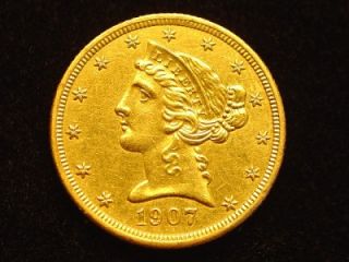 1907 D $5 00 Liberty Head Gold Half Eagle Coin Scarce