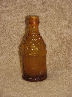 Vintage Miniature Amber / Gold Glass Bottle w/ Cork Drum & Grapes 3 1