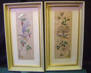 Pair Fine Rice Paper Prints Bird Flowers 13 by Hanson Silk Screen
