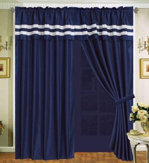 Navy Blue White Curtain Faux Silk Panel Backs Valance