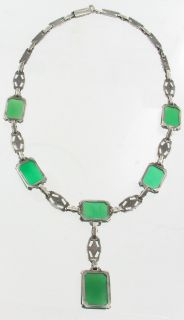  Deco Marcasite Sterling Silver Green Chrysophrse Drop Necklace