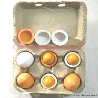 Lot of 6 Wooden Pretend Eggs with Yolk Kitchen Food Kid Children Play