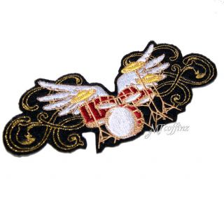 Red Gold Drums Set Angel Wings Rock N Roll Iron on Embroidered Patch