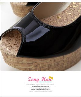 Wedges Shiny Peep Toe Platform Shoes Black Beige