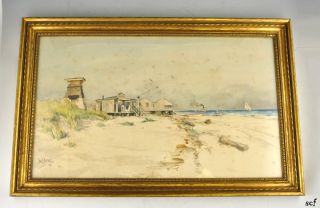 Antique Edward Winchell Framed Watercolor Beach House Painting 1891
