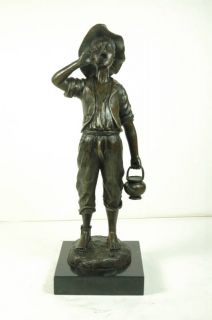 SIGNED P.Dubois, Bronze statue STREET MERCHANT boy with pot bronze