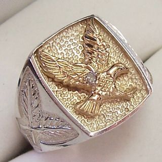 Mens 925 Sterling 10K Gold Eagle 1 Point Diamond Ring Onyx Sz 8 1 4