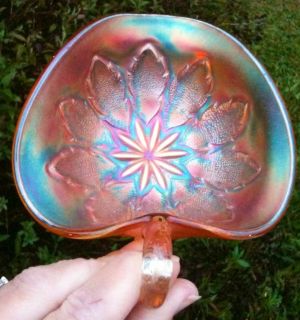 DUGAN Marigold Carnival Glass LEAF RAYS One Handled Nappy Candy Dish