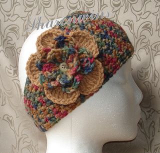 Crochet Women Beige Brown Multi Wide Headband Wrap Earwarmer Flower 20