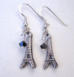 Paris France Eiffel Tower Crystal Silver Charm Earrings