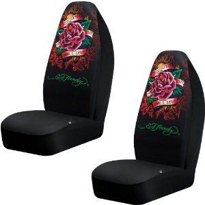 ED HARDY DEDICATED TO THE ONE I LOVE BUCKET SEAT COVERS (PAIR) BLACK