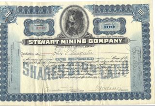 Vintage 1902 Stewart Mining Company 100 Share Stock Certificate
