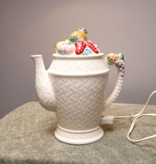  JAPAN Ceramic White ELECTRIC Teapot Fruit Design Plug in Tea Pot WORKS
