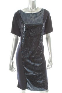 Ellen Tracy New Status Navy Sequined BATEAU Neck Shift Cocktail