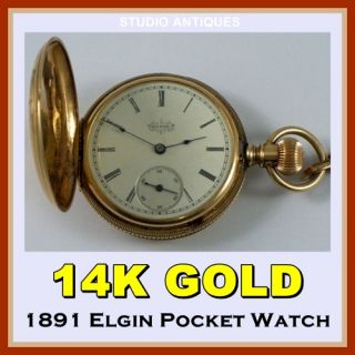 Elgin Antique 14k Gold Pocket Watch 1891 7J 117 HC Fob